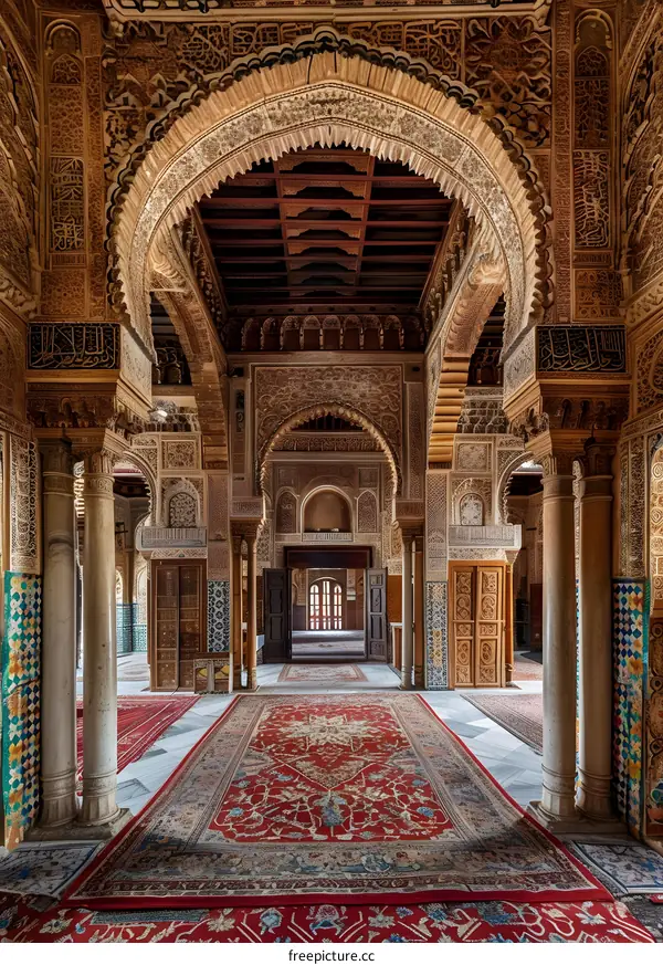 Moorish architecture with intricate carvings and colorful tiles