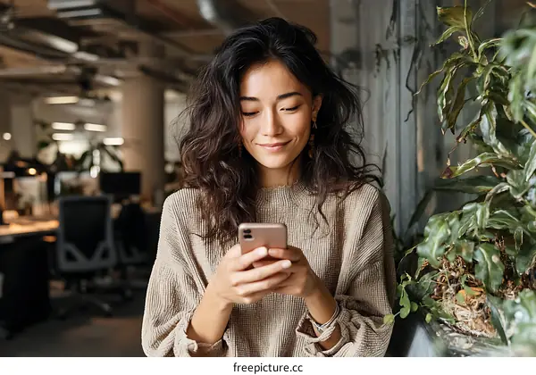 Asian Woman Using Smartphone in Office