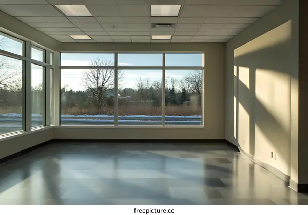 Empty Office Room With Large Windows And Natural Light