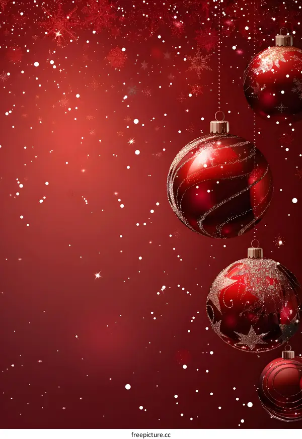 Christmas red balls hanging on red background with snowflakes