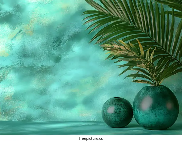 Two Green Vases with Tropical Leaves on a Teal Background