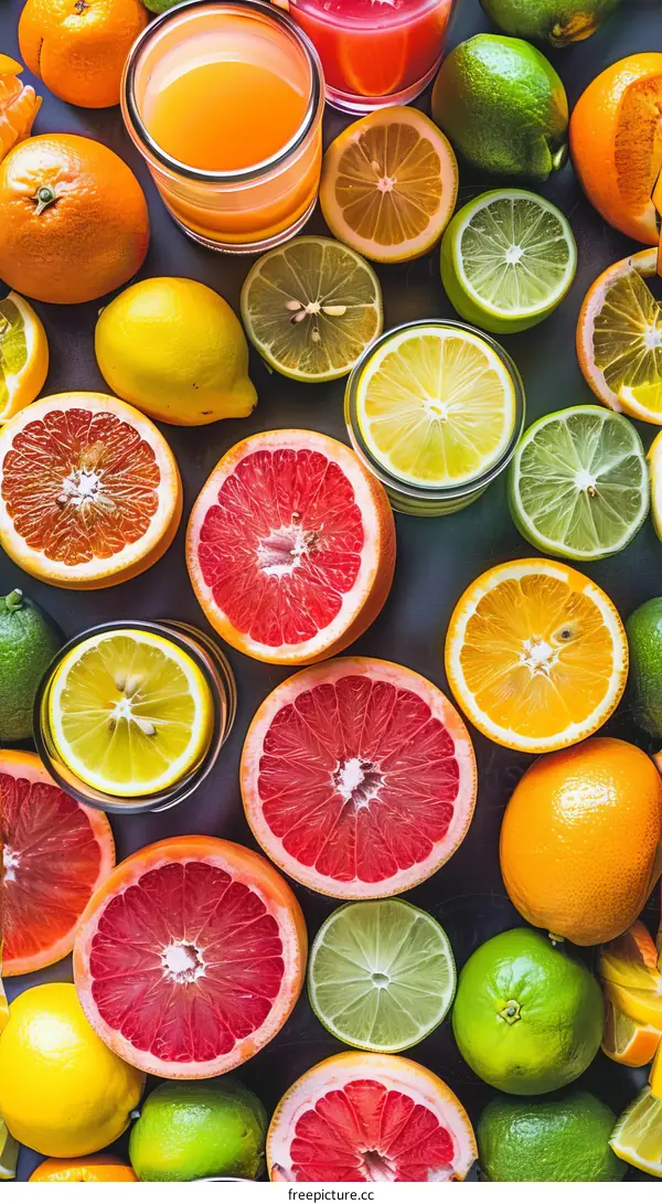 Various citrus fruits including orange, lemon, lime, and grapefruit