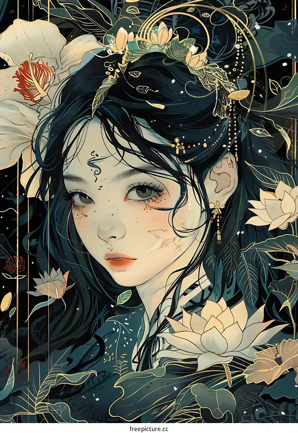 Anime Girl Portrait with Floral and Golden Details