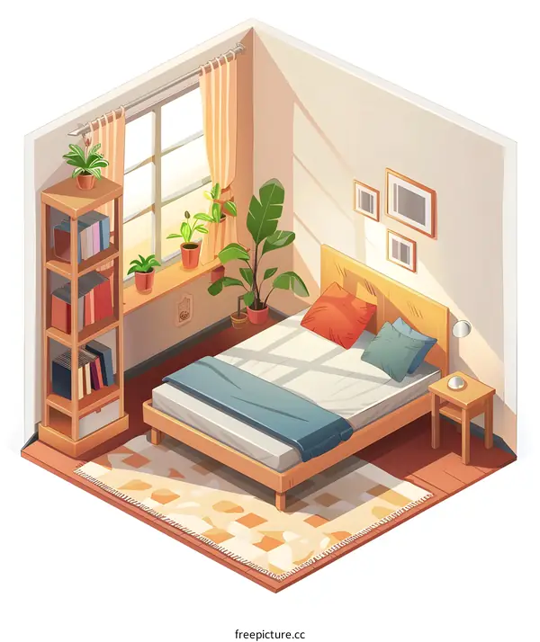 Cozy Bedroom with Plants and Bookshelf