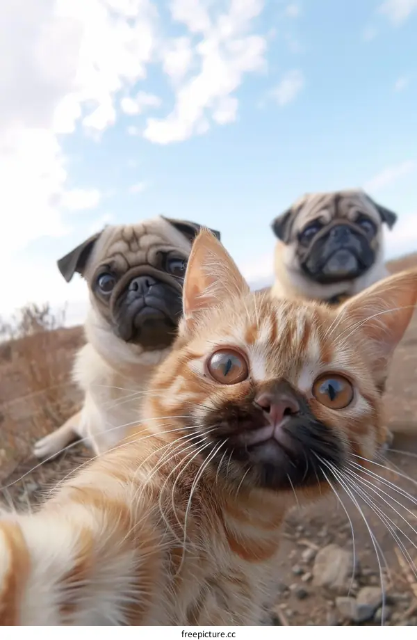 A ginger cat taking a selfie with two pugs