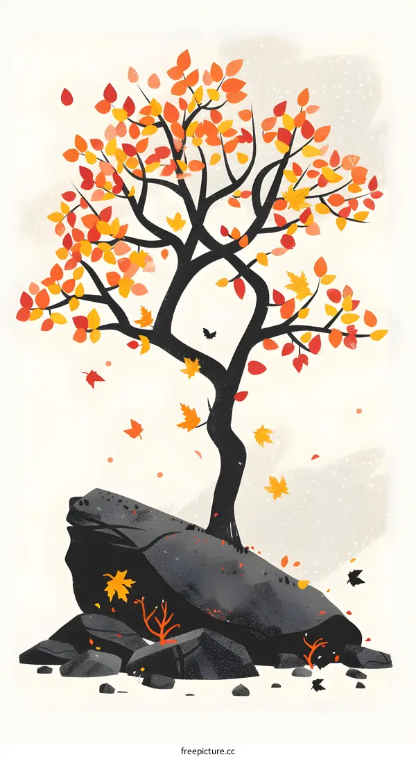 Autumn Tree on a Rock Illustration