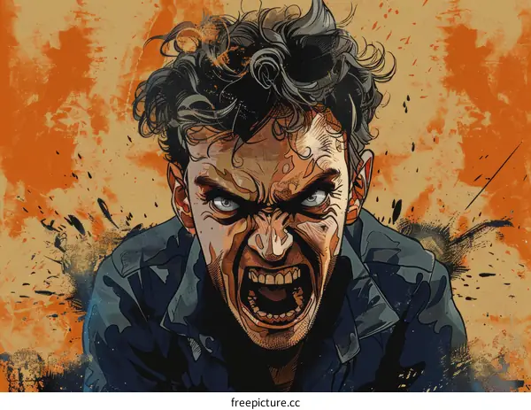 A man with a beard and a blue shirt is yelling.