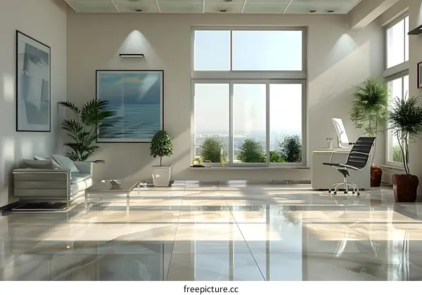 Office interior with large windows and plants