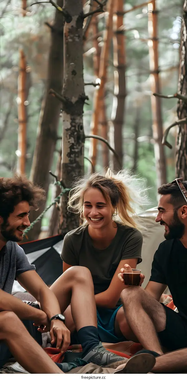 Smiling Friends Camping In Forest