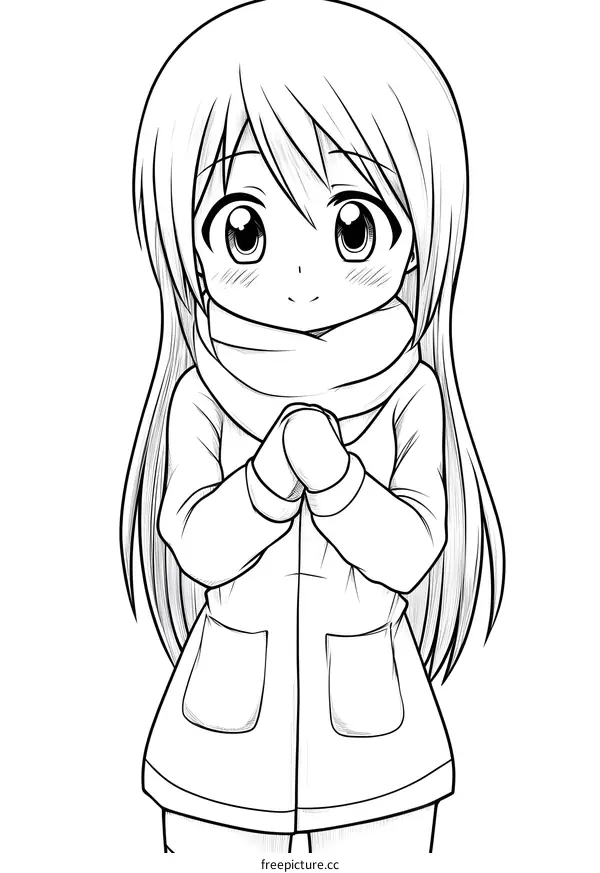 Cute Anime Girl With Long Hair Wearing Winter Clothes Illustration