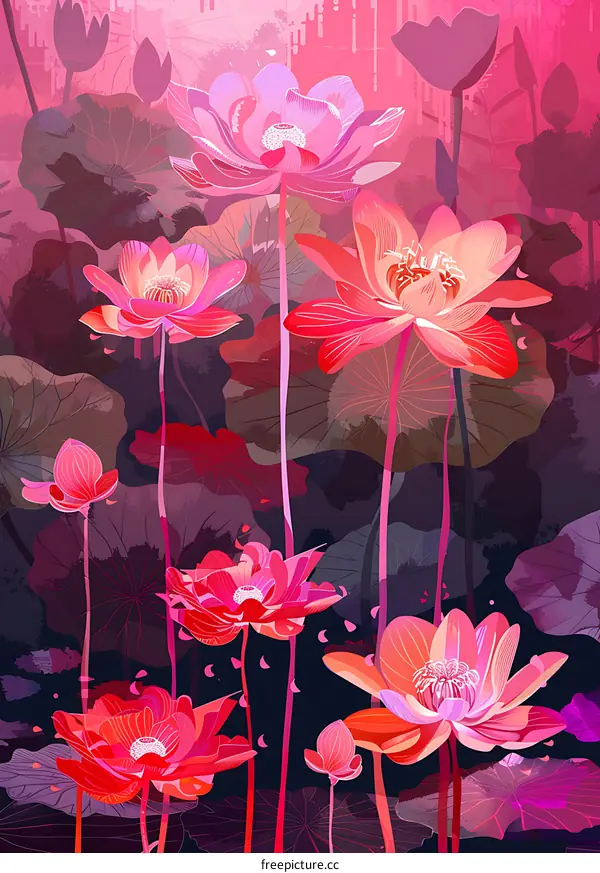 Pink and Red Lotus Flowers in a Pond