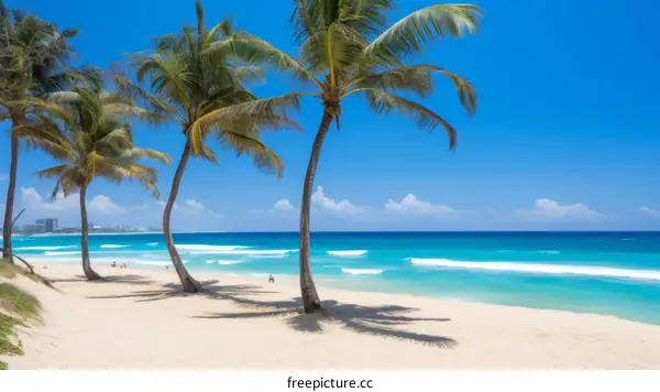 Palm trees on a beach with white sand and blue water