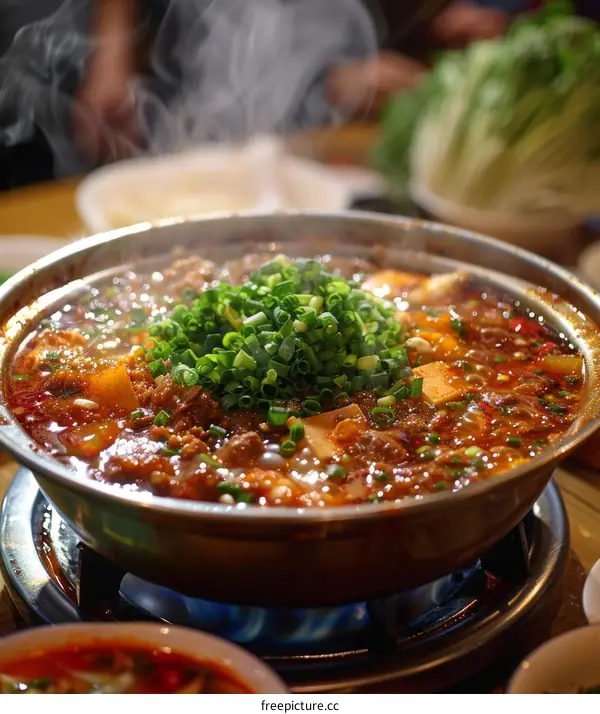 A Bowl of Szechuan Hot Pot with Beef and Tofu