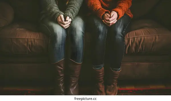 Two Women Sitting on a Couch with Their Legs Crossed and Hands in Their Laps
