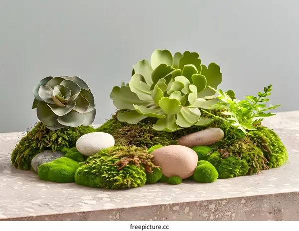 Green Moss and Succulent Arrangement With Stones