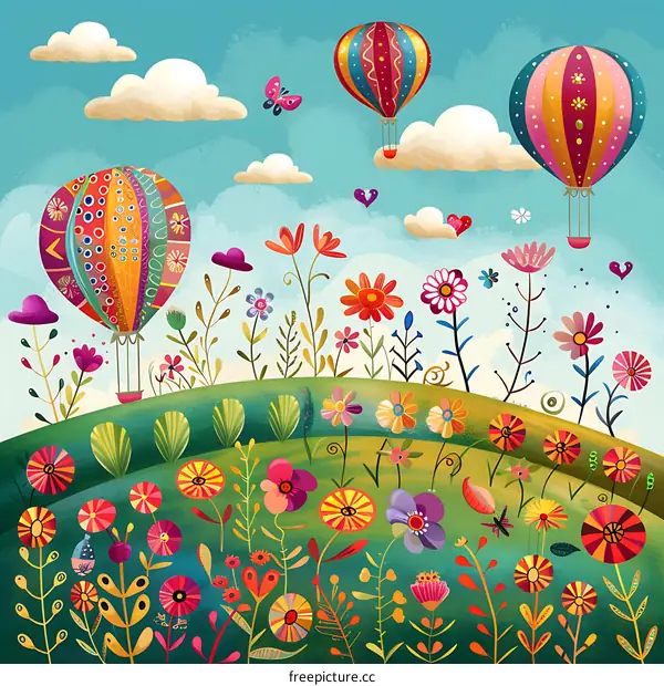 Colorful Hot Air Balloons Floating Over a Meadow of Flowers
