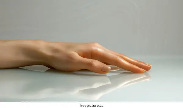A hand with long, elegant fingers resting on a glass surface