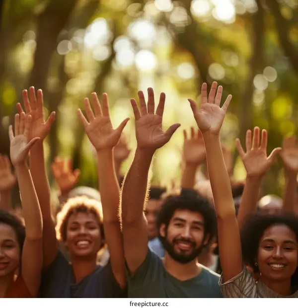 Group of diverse people raising their hands in a park