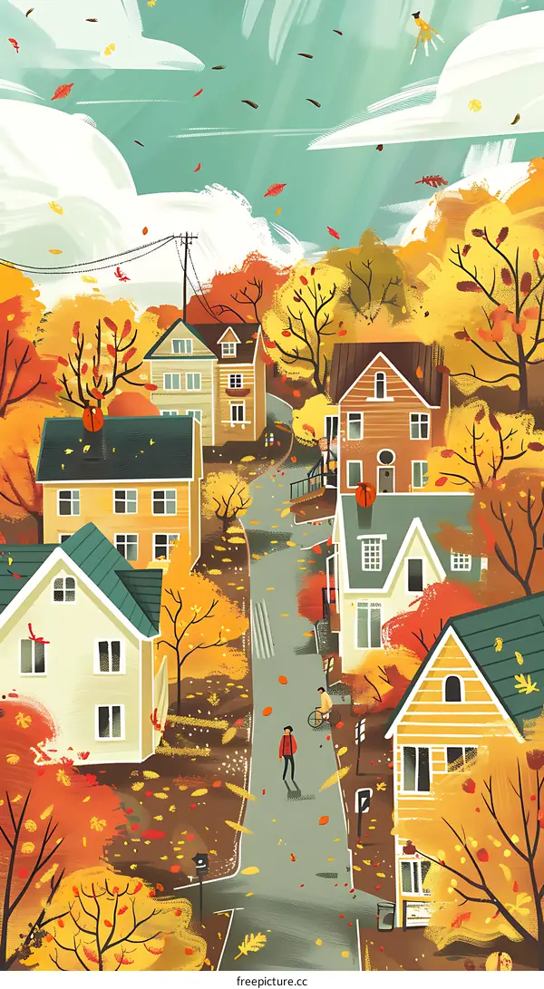 Autumn Illustration of a Small Town with Houses