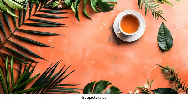 Orange Background With Green Leaves And A Cup Of Tea