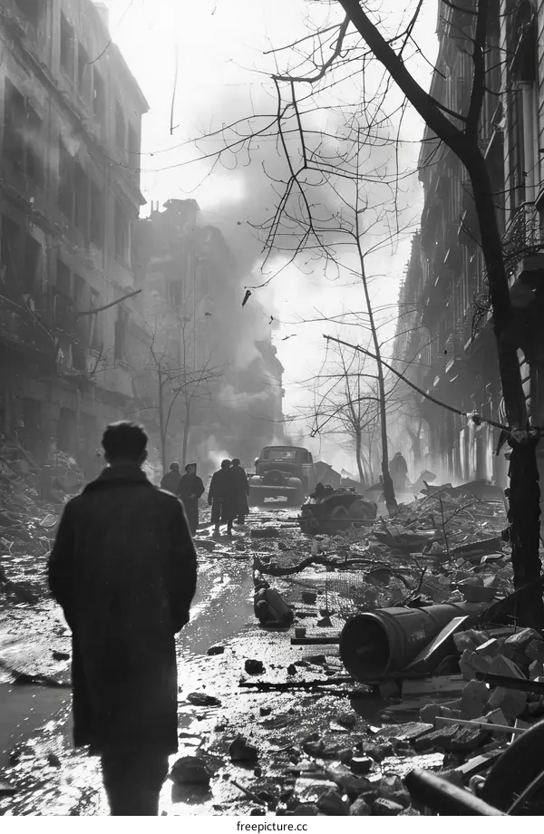 A lone figure walks through a devastated city street.