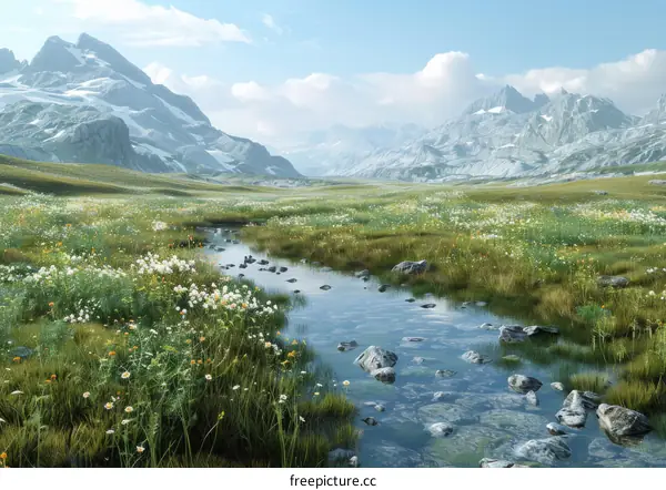 Alpine Meadow with Wildflowers and Stream