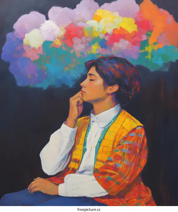 Woman in a White Shirt and Yellow Vest Thinking Under a Colorful Cloud