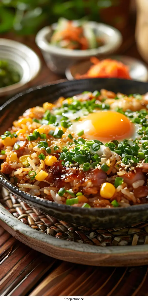 bowl of rice topped with egg and vegetables