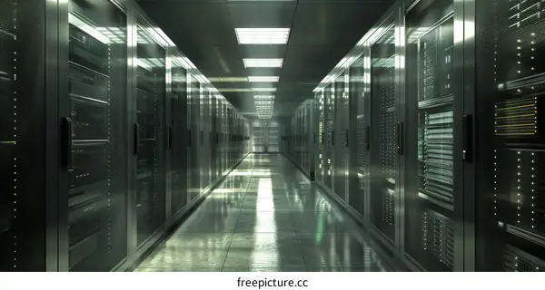 Server Room with Long Row of Racks and Lights