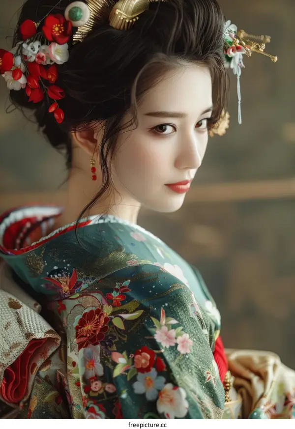 Beautiful Japanese Woman in Traditional Kimono with Floral Decorations