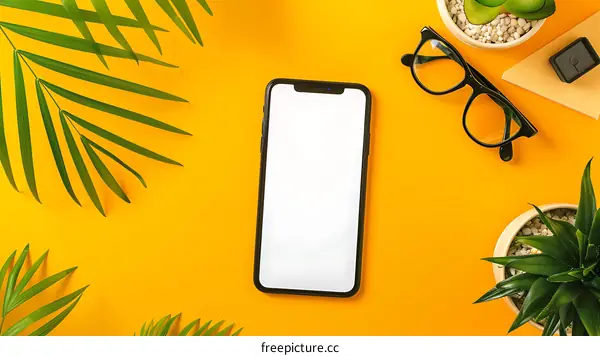 Minimalist Flat Lay With Phone and Plants on Yellow Background