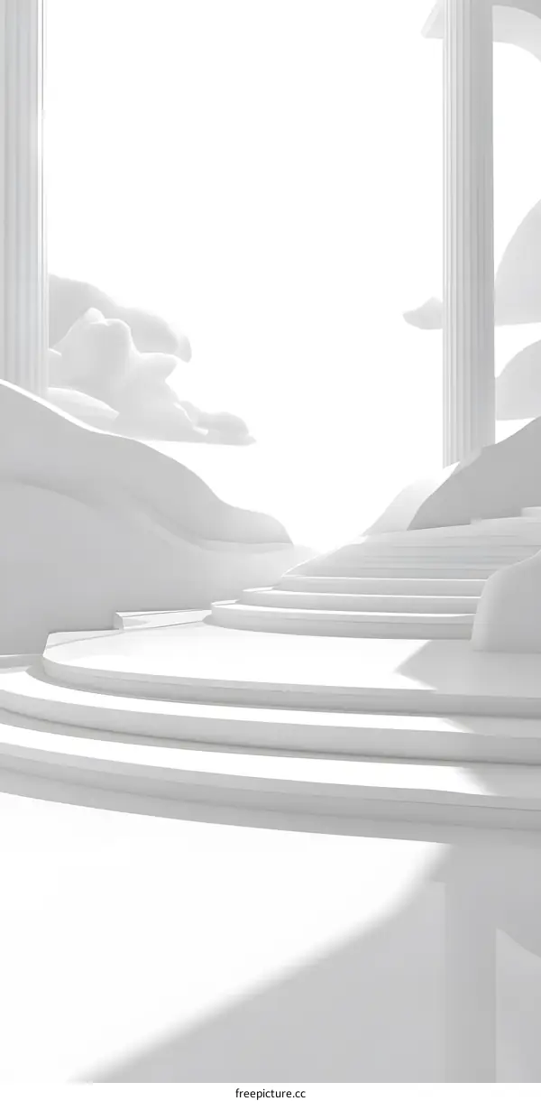 White 3D Render Minimalist Architecture Design With Columns And Stairs