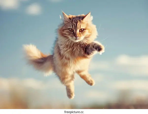 A ginger cat is jumping in mid-air with a blue sky background