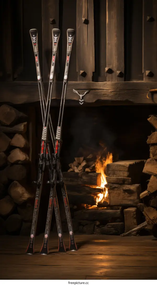 skis by the fireplace