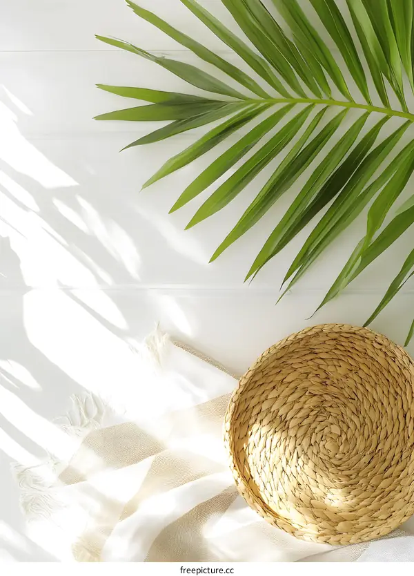 Summer Tropical Flat Lay with Palm Leaf, Woven Basket and White Fabric