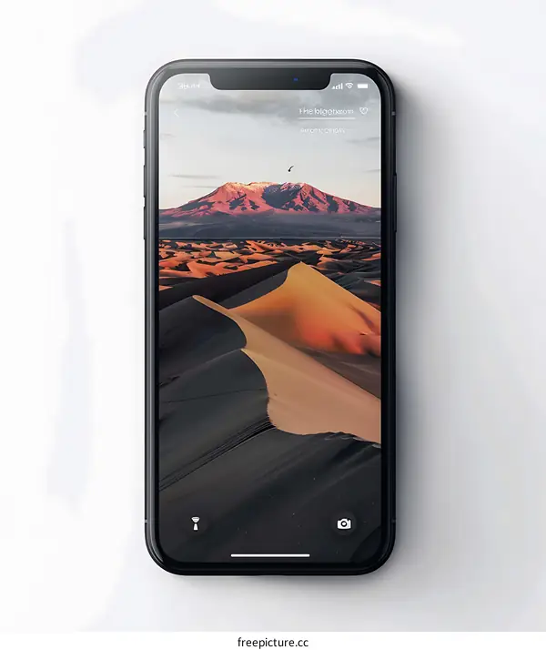 Mobile Phone Display with Sand Dunes and Mountain Landscape