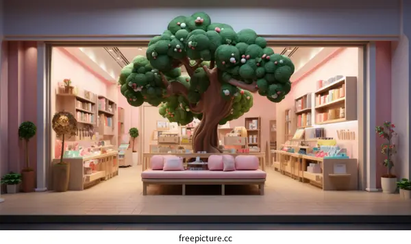 Pink Kawaii Stationery Store Interior With Tree