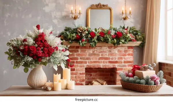 Christmas Decor with Red Flowers and Candles