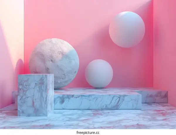 3d rendering of a pink room with marble podiums and spheres
