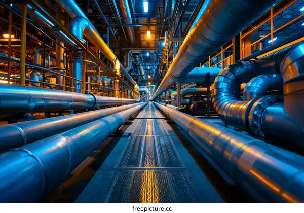 The innards of a factory with a long walkway and many pipes