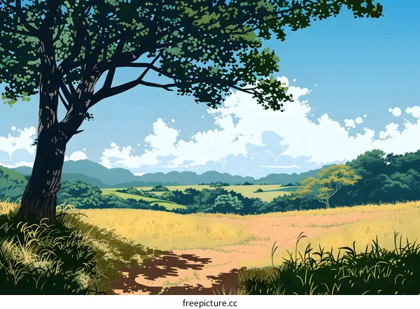 Countryside Landscape With Green Trees And Blue Sky