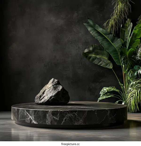 Dark Stone Display Product Showcase with Plants