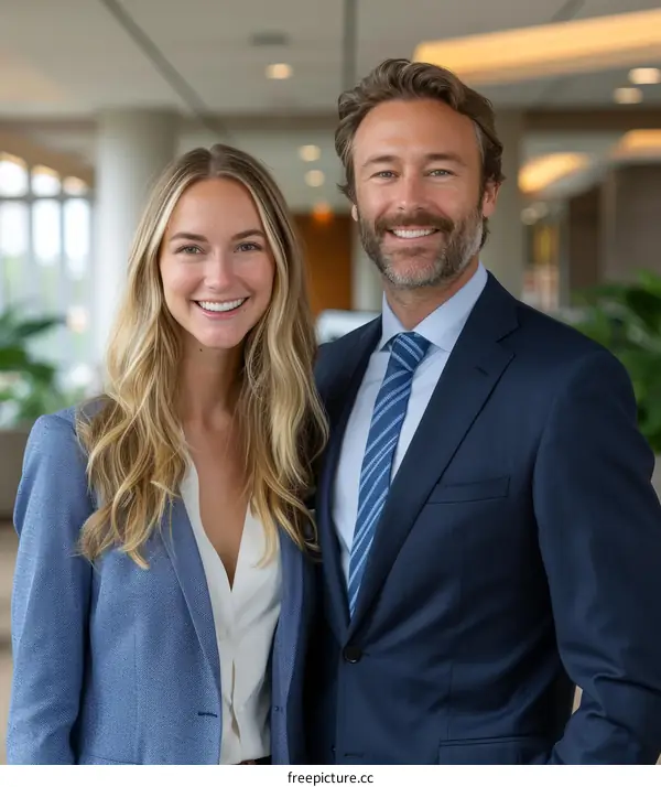 A blonde woman and a man in a suit are smiling at the camera.