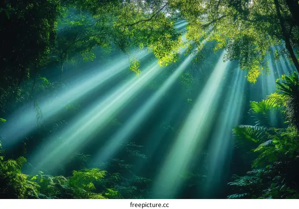 Sunlight Rays Through Lush Forest Canopy