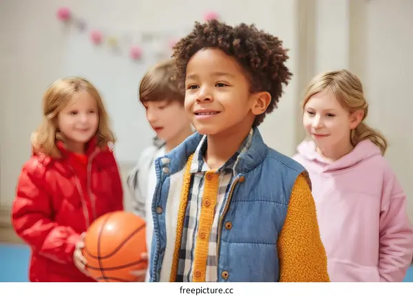 Children Playing Basketball in a School Gym