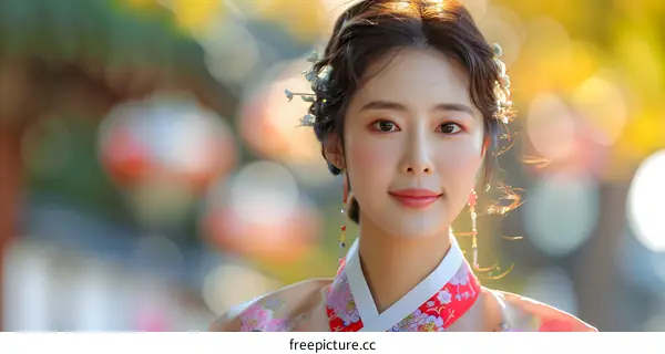 Portrait of a beautiful young woman in traditional Korean dress, or Hanbok