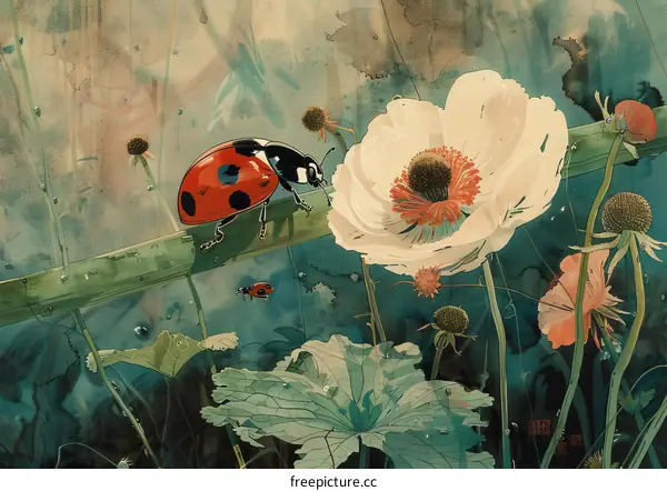 A Red Ladybug on a Green Stem Next to a White Flower