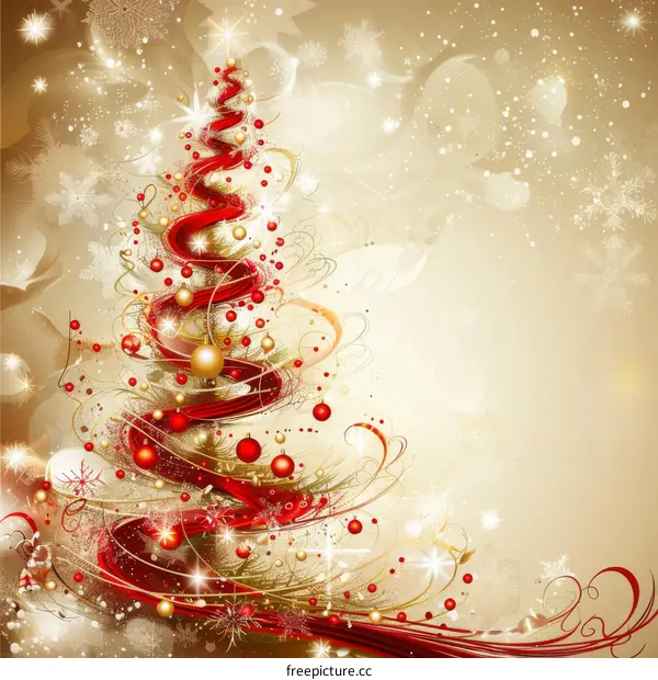 Golden Christmas Tree with Stars and Snowflakes