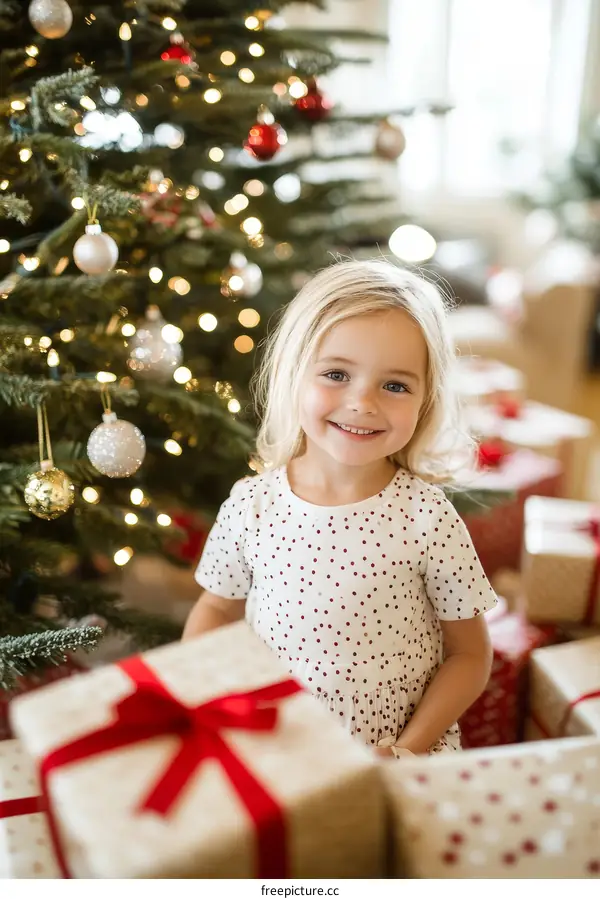 Christmas Celebration with a Child Holding Gifts