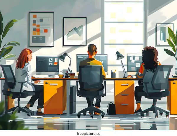 Three people working in an office